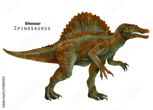 Spinosaurus illustration. Dinosaur with crest on back. Green brown dino © inna72