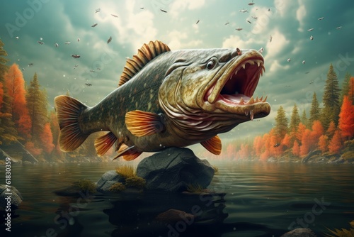 Picturesque Mouthbass fish lake. Big pet. Generate ai