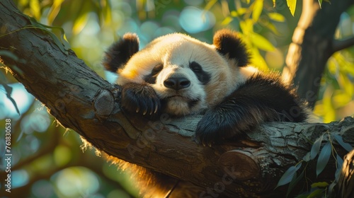 Giant panda sleeping on a tree branch in the forest.