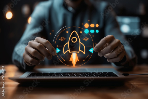 Entrepreneurial Vision. Businessman with Virtual Rocket and Arrow for Startup Acceleration. Accelerating Startup Growth. Strategic Business Planning with AI and Digital Technology. 