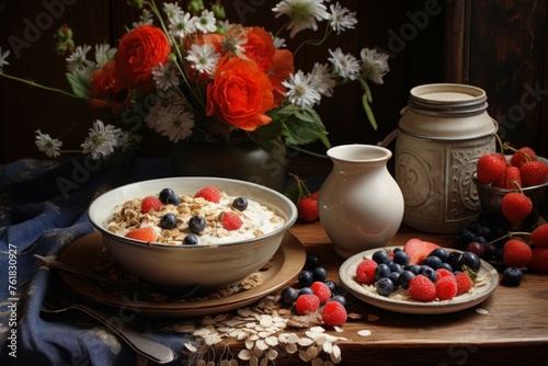 Wholesome Muesli oats fruits. Food cereal organic. Generate Ai
