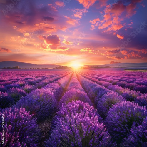 Lavender Field at Sunset, Purple Flowers Landscape, Morning Lavender Fields, Copy Space