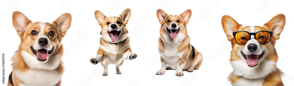 Set of a joyful corgi dogs activities running sitting close up playing with sunglasses, Isolated on Transparent Background, PNG - obrazy, fototapety, plakaty 