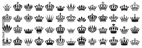 Crown icon set. Crown sign collection. Crown king or queen mega icon set. Royal crown symbol. Heraldic vector flat black silhouettes isolated on white background. Royal head accessories, hat emblem  photo