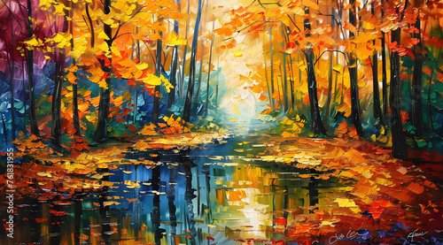 Vibrant Autumn Forest Reflected in Tranquil Waters at Sunset. Earth Day Concept