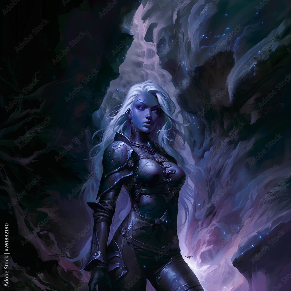 Portrait of a female drow with purple grey skin silver hair and purple eyes, wearing a dark leather armor standing in a cave Portrait of a female drow with purple grey skin silver hair and purple eyes, wearing a dark leather armor standing in a cave