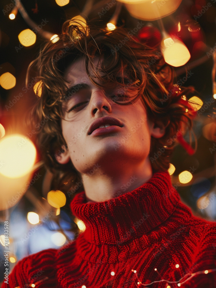 Portrait photography, fashion model boy, closed mouth, red sweater, New Year atmosphere