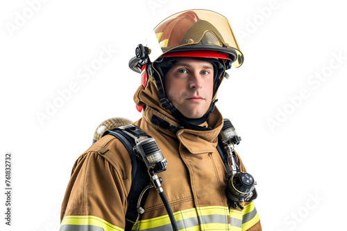 Firefighter in Full Gear Ready for Action - Isolated White Transparent Background PNG  © Lumi