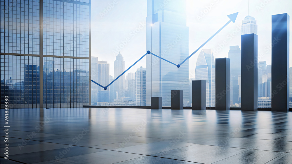 3D Business Graph Showing Growth and Success with Arrow, Table, and Screen Display in Cityscape Illustration 3D Business Graph Showing Growth and Success with Arrow, Table, and Screen Display in Cityscape Illustration