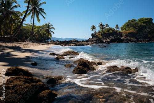 Beach with palm trees, waves crashing on rocks, under the beautiful sky