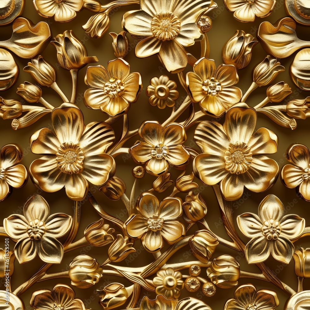 Ornate Gold Flowers Seamless Pattern, Endless Carved Floral 3d Ornament, Gold Flowers Tile