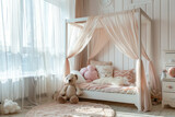 Soft canopy bed in a little girl's room. Generative AI