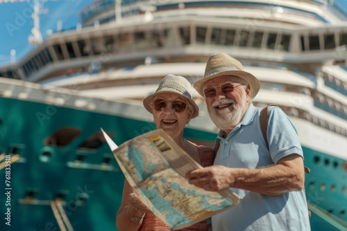 Smiling elderly couple look at map in front of a large cruise ship at sunny morning. Generative AI