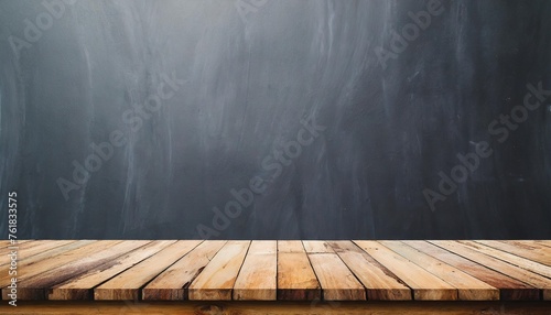 blank wooden tabletop on black board wall background mockup and display for product banner style