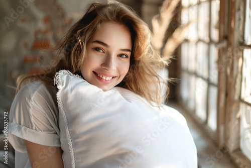 Smiling woman embracing her white big pillow. Generative AI