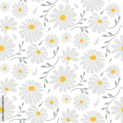 Seamless pattern with daisies. Silver on white. 