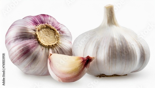 a whole fresh garlic head and clove segment isolated against a transparent background
