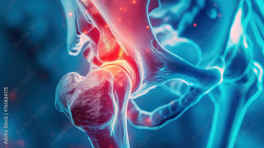 3D illustration that shows red spots on hip joint. pain
