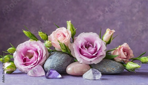 beautiful pink eustoma flowers lisianthus in full bloom with natural stones amethyst and rose quartz flowers and semi precious stones on a purple background