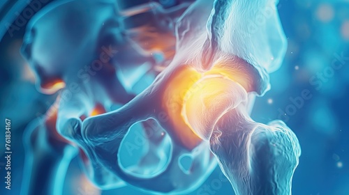 3D illustration that shows red spots on hip joint. pain photo