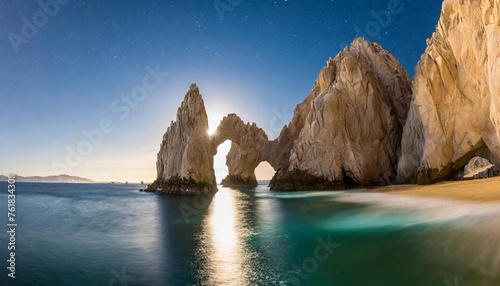 famous arches of los cabos mexico baja california sur rocky formations at moonlight background