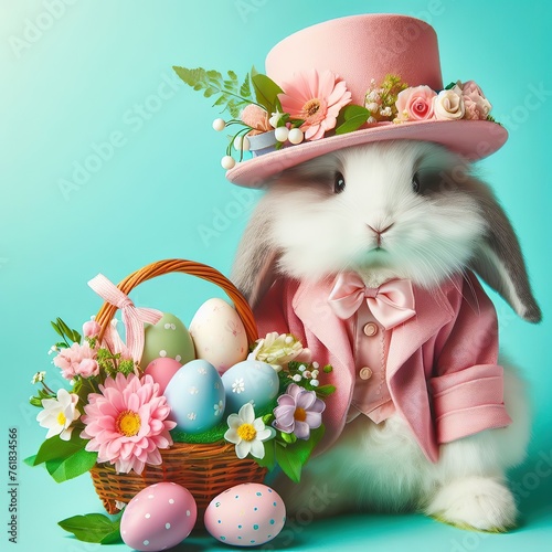 Nice easter bunny with eggs in pink  on color background, maded with artificial intelligence