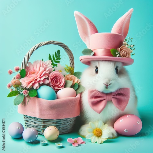 Nice easter bunny with eggs in pink  on color background, maded with artificial intelligence