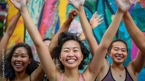 armpit's care. Asian women raised her hands up and shows groomed armpits.