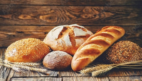 mix of baked bread varieties on wheat grains background fresh loafs from bakery on ructic wooden background selective focus toned