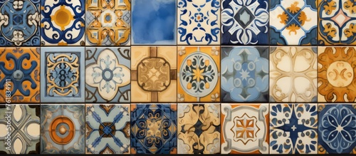 A creative display of colorful tiles with various designs including circles, rectangles, and patterns, creating a symmetrical and visually appealing flooring fixture © 2rogan