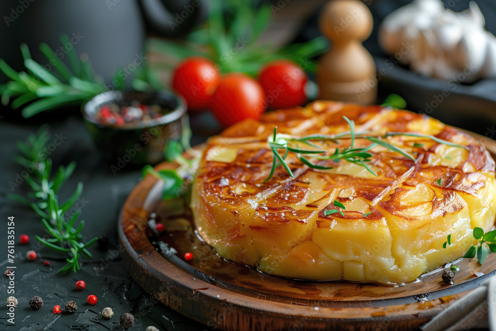 Spanish cuisine. Gourmet Potato Gratin Tortilla with Fresh Herbs and Spices Spanish cuisine. Gourmet Potato Gratin Tortilla with Fresh Herbs and Spices