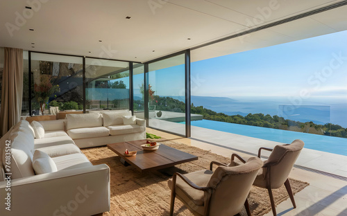 Luxury villa with terrace and floor to ceiling panoramic window with amazing sea view. Interior design of modern living room. Created with generative AI  © AL AMIN