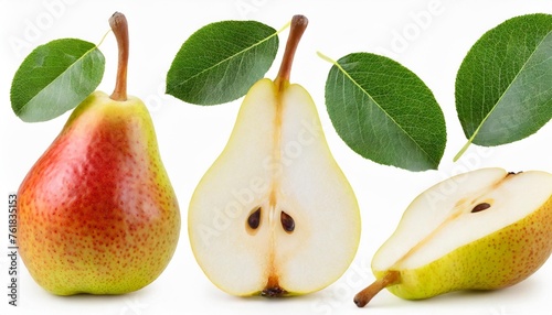 collection of cut pear fruits and leaves cut out
