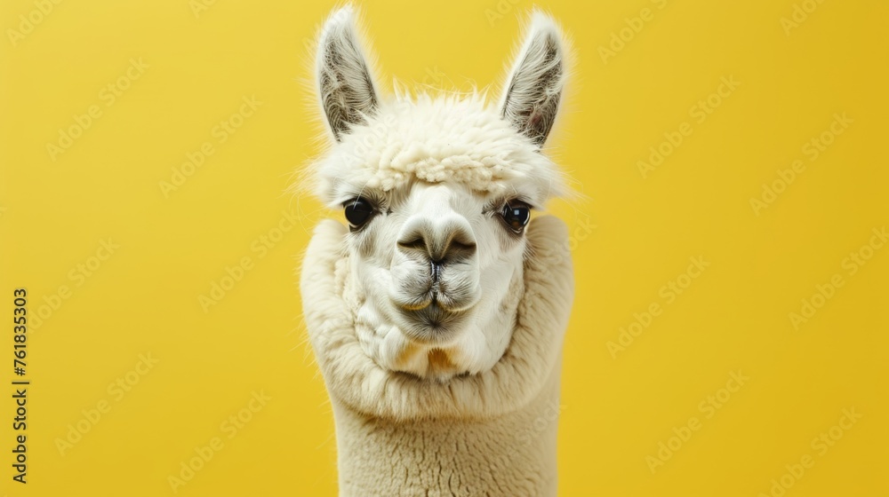 Fototapeta premium Portrait of a white alpaca on a yellow background.