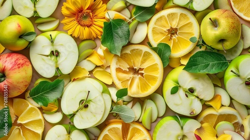apples, fruits and petals (yellow and green variety of apples, cut into pieces slices). top food background. copy space