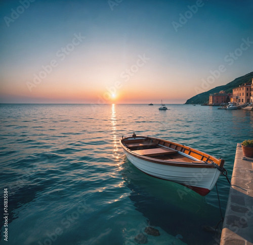 Sea landscape with boat at sunset