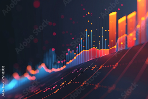 Abstract financial chart with upward trend line and bar graph on dark background photo