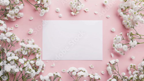 A blank white card surrounded by a lush array of soft flowers and fresh green leaves on a pastel pink background serves as an inviting template for a warm greeting or elegant announcement © Grumpy