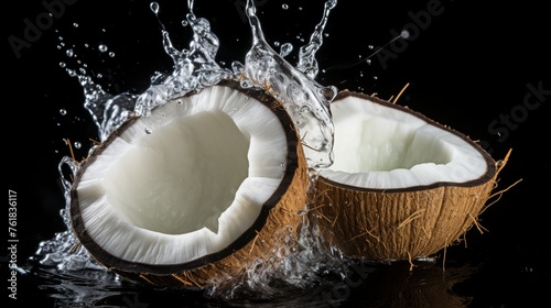 Coconut with water splash, isolated on black background, clipping path included