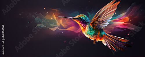 Colorful fantasy hummingbird in fly on black background © amazingfotommm