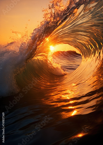 Golden sunlight big waves in ocean