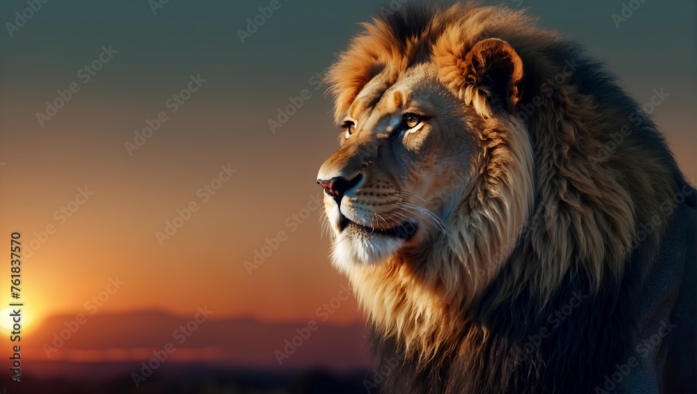 A lion head in the sunset. AI-Generated