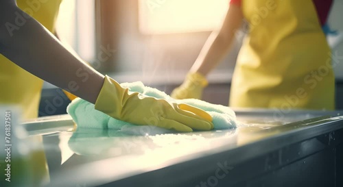 Two janitors in aprons and gloves photo