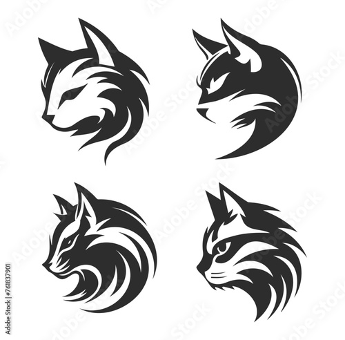 set of cat head logo designs black vector with side view