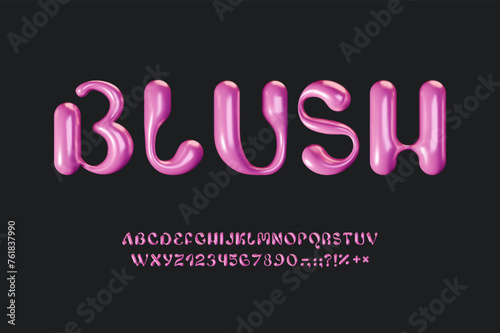 3D Aesthetic Pink Alphabet. Glossy font in Y2k groovy retro style. Trendy liquid bubble script. Realistic rendering English letters and numbers. Balloon typeface abc. Vector illustration.