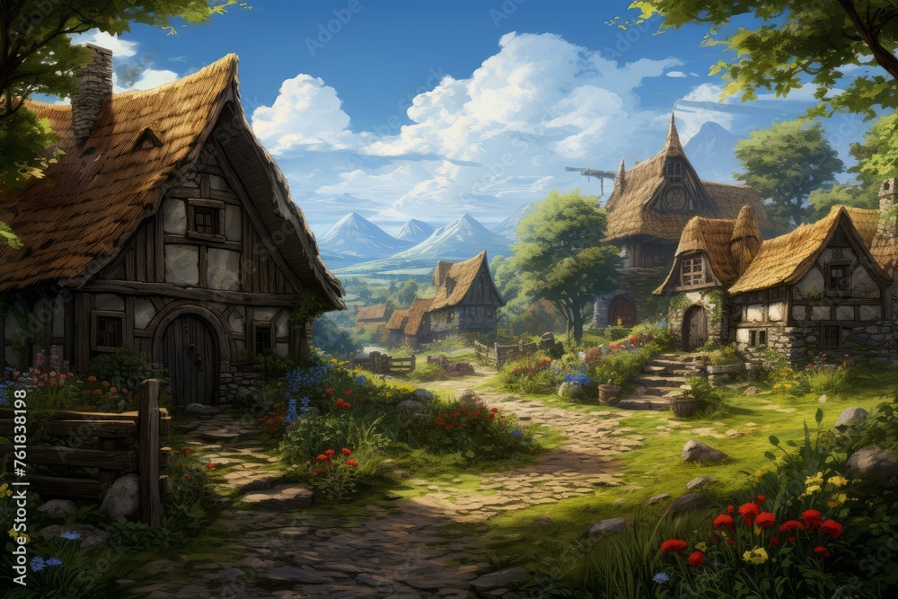 Rustic Nature landscape village. Sunset farm. Generate Ai Rustic Nature landscape village. Sunset farm. Generate Ai