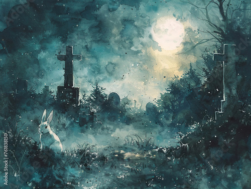 Watercolor scene, zombie rabbit, misty graveyard, suspenseful, moonlit night