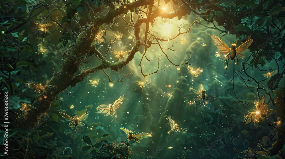 fairies flying through the forest.