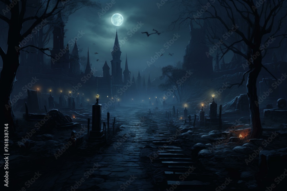 Spectral Necromancer cemetery dark background. Skull night. Generate Ai - obrazy, fototapety, plakaty 