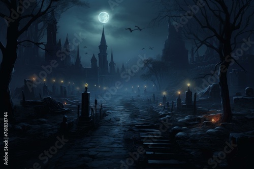 Spectral Necromancer cemetery dark background. Skull night. Generate Ai photo